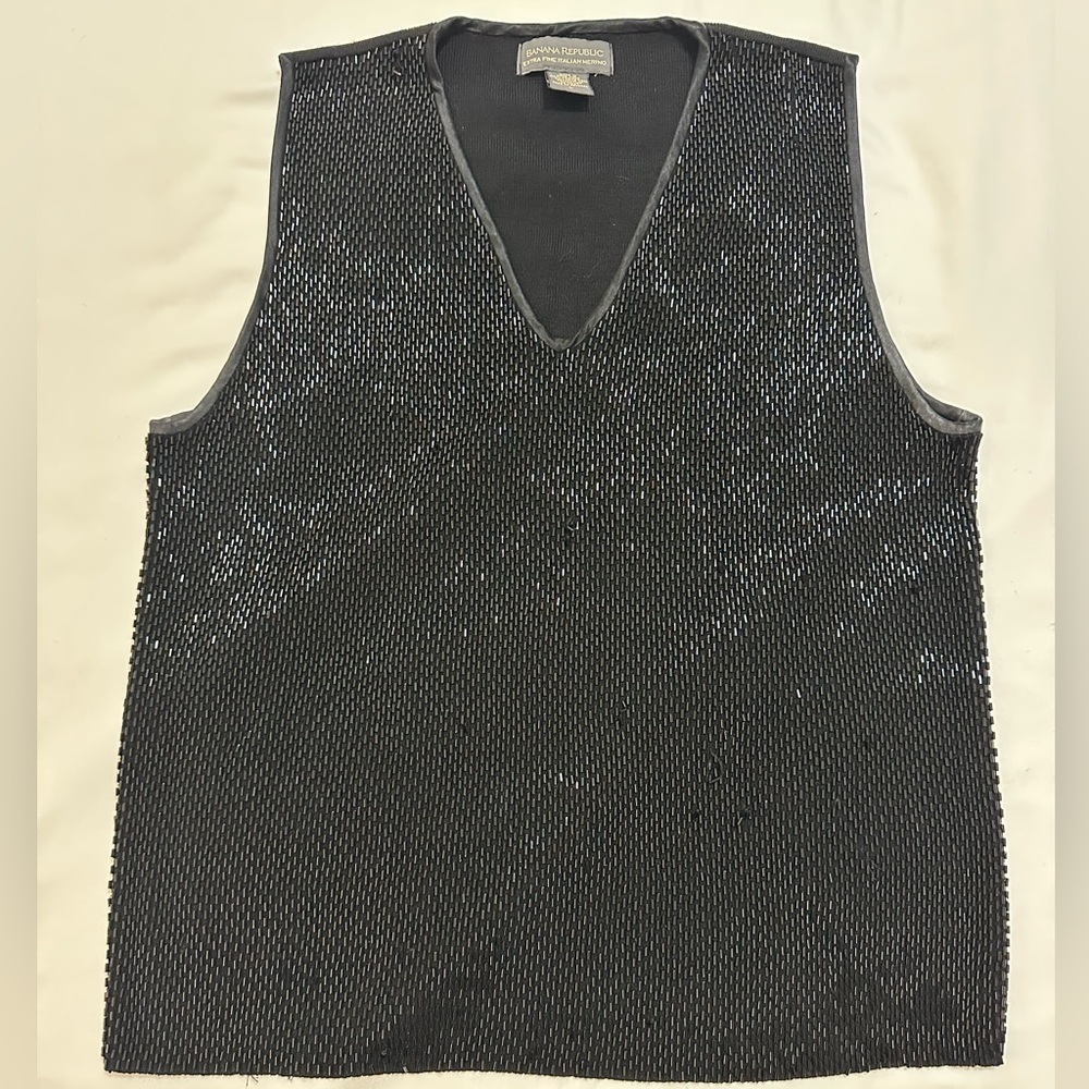 BANANA REPUBLIC BLACK BEADED ITALIAN MERINO WOOL VNECK TANK TOP ITALIAN WOOL L - Picture 3 of 7